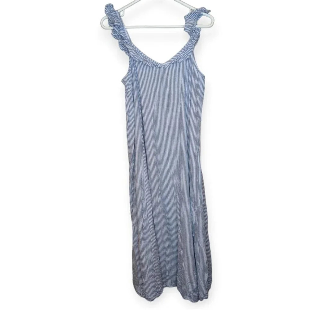 ONLY Blue Denim Maxi Blue & White Stripped V Neck Sleeveless Ruffle Dress Small